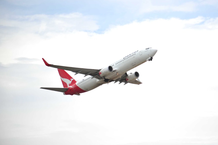 A Qantas aeroplane takes off in the air