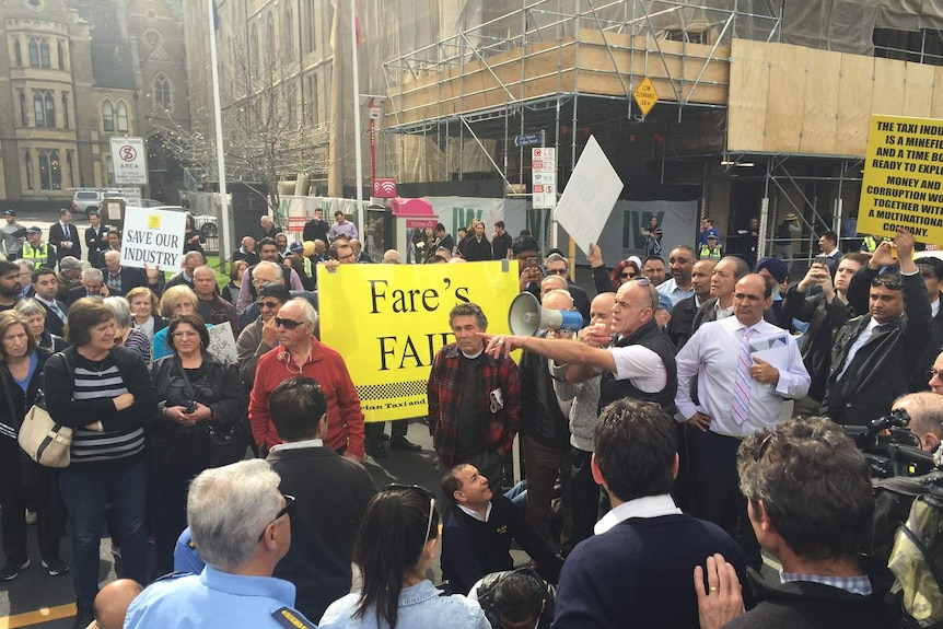 Victorian taxi drivers protest in Flinders Street, Melbourne