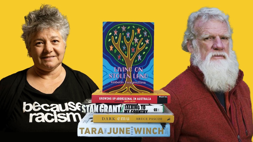 Composite of Indigenous authors Bruce Pascoe and Melissa Lucashenko and a pile of books.