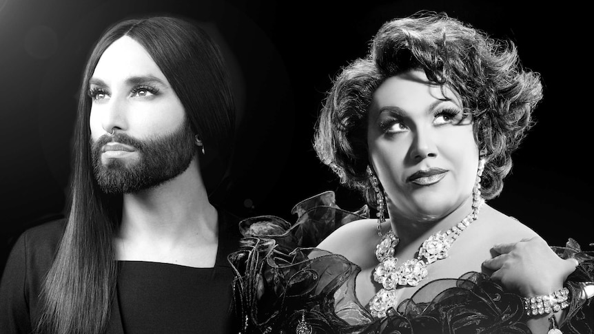 A black and white composite image of Conchita Wurst and Trevor Ashley side by side.