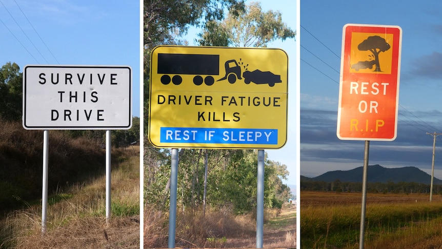 A warning sign on the side of a road reads Fatigue Zone take a rest and refresh