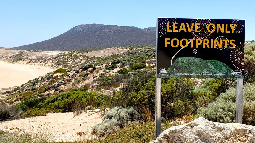 A sign on a beach clifftop saying Leave Only Footprints in dot painting style, beach and hill in background