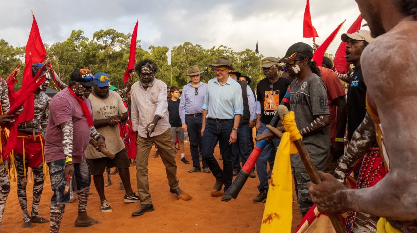 pm anthony albanese walks with the Yolngu community during Garma Festival