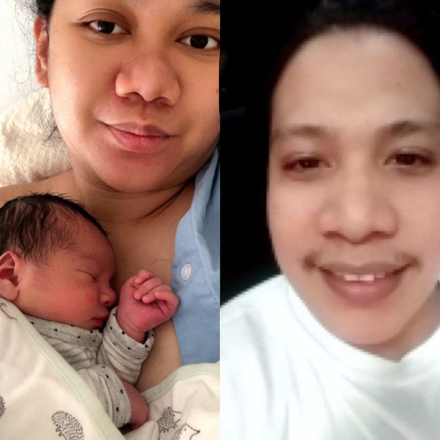 Screenshots from a video call showing a woman holding a newborn baby and a man. 
