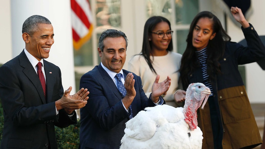 Barack Obama is applauding a turkey who is standing on a table.