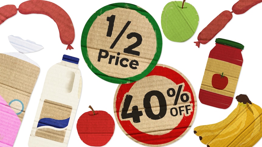 A number of illustrations of grocery items, like milk, apples, sausages, around two 'specials' signs 'half price' and '40% off'.