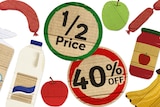 A number of illustrations of grocery items, like milk, apples, sausages, around two 'specials' signs 'half price' and '40% off'.