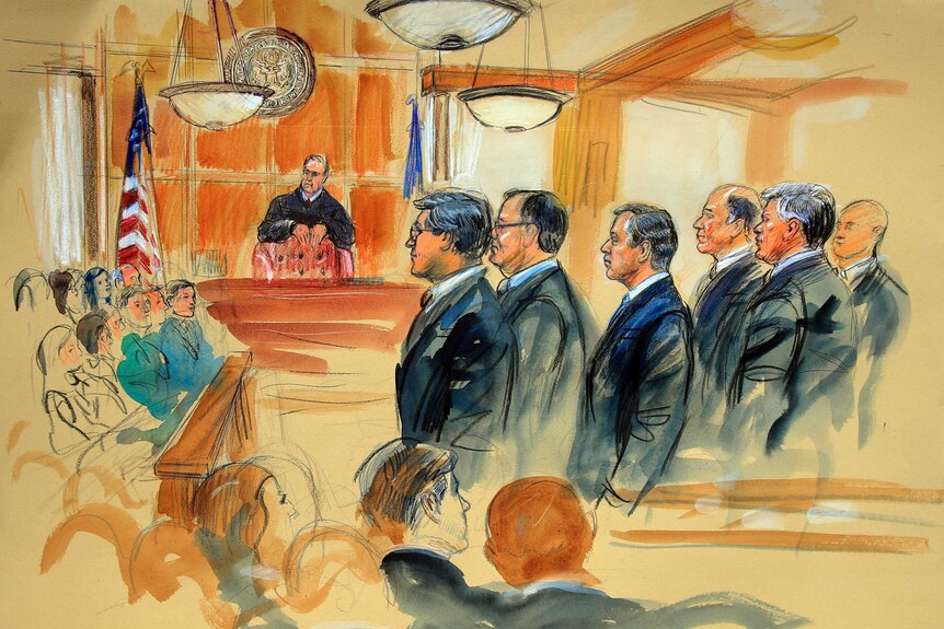 A courtroom sketch depicts Paul Manafort (fourth from R) standing with his lawyers.