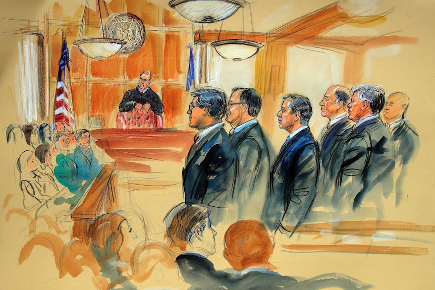 A courtroom sketch depicts Paul Manafort (fourth from R) standing with his lawyers.