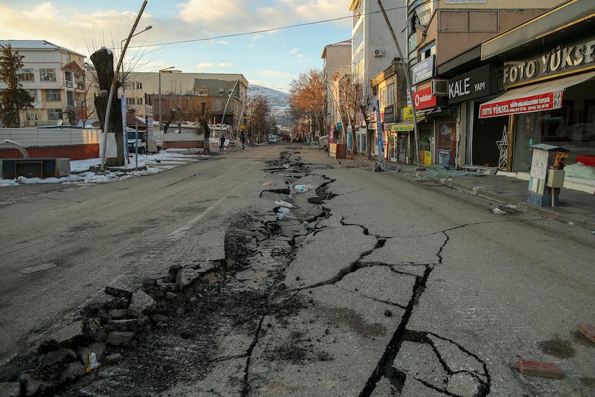 A damaged road in Golbasi, in Adiyaman province, southern Turkey.