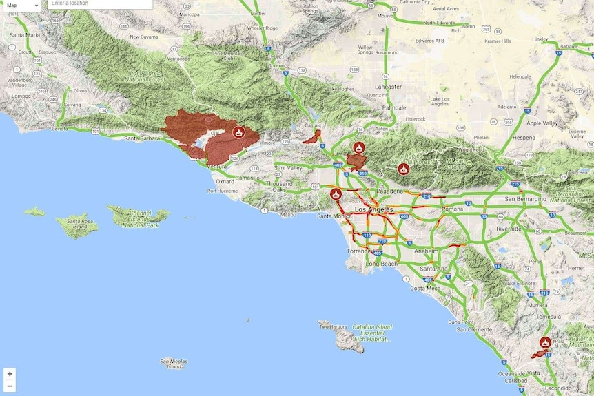 A map of California with fires on it.
