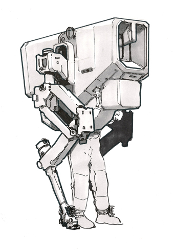 Black and white drawing of a costume that looks part machine, but with human legs.