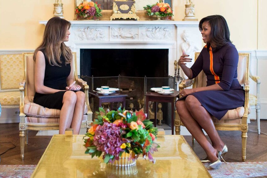 Melania Trump meets Michelle Obama for tea in the White House.