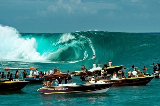 A crowd watches surfers on massive wave.