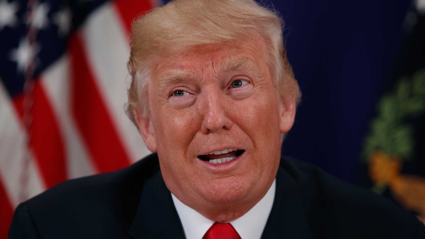 A tight headshot of Donald Trump. He has a bemused look on his face and is in front of an American flag