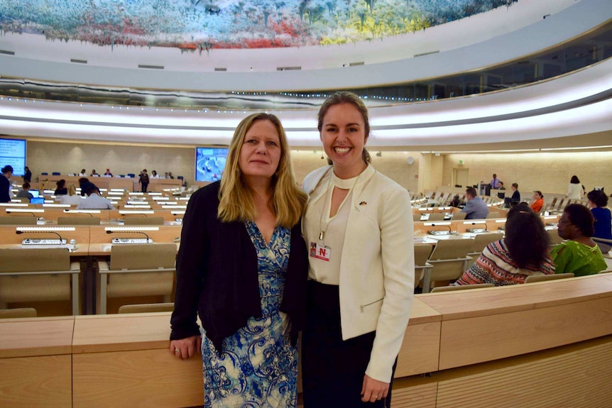 Cathy Eatock at the signing of the UN declaration on the rights of Indigenous peoples in 2012.