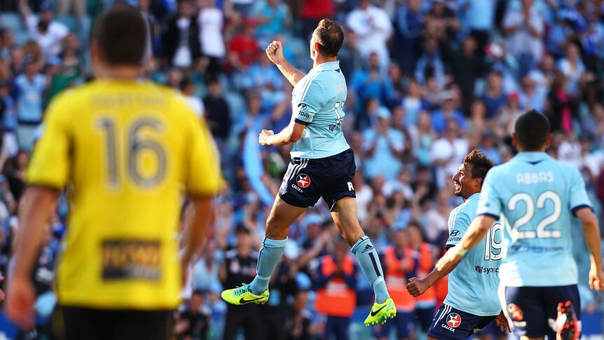 Sydney's Richard Garcia celebrates a goal for Sydney FC over Wellington Phoenix.