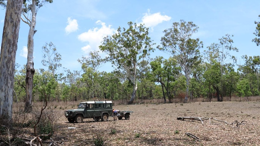 A 4WD in a bush paddock with a tailer attached