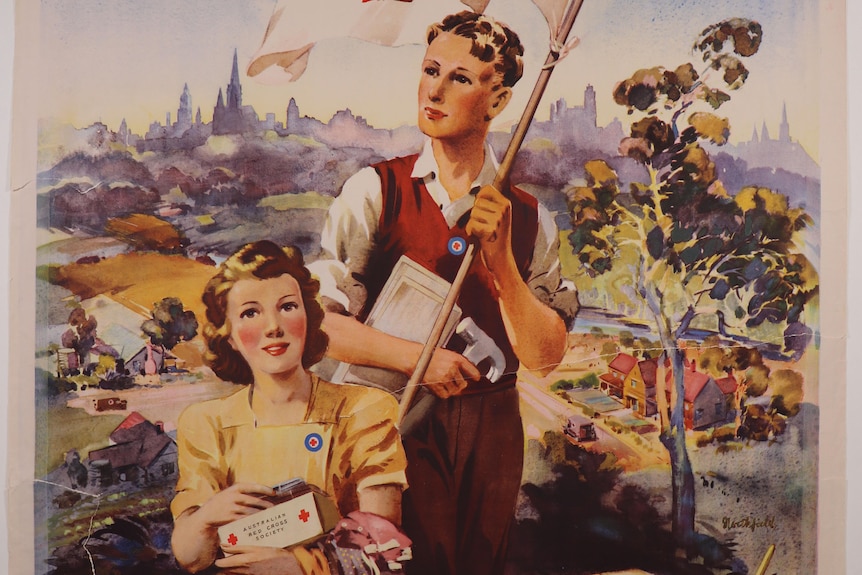 Old poster with a red cross nurse holding a wooden collection box and a boy holding a red cross flag 