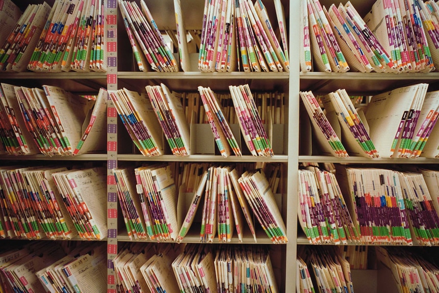 Files on three levels of shelves.