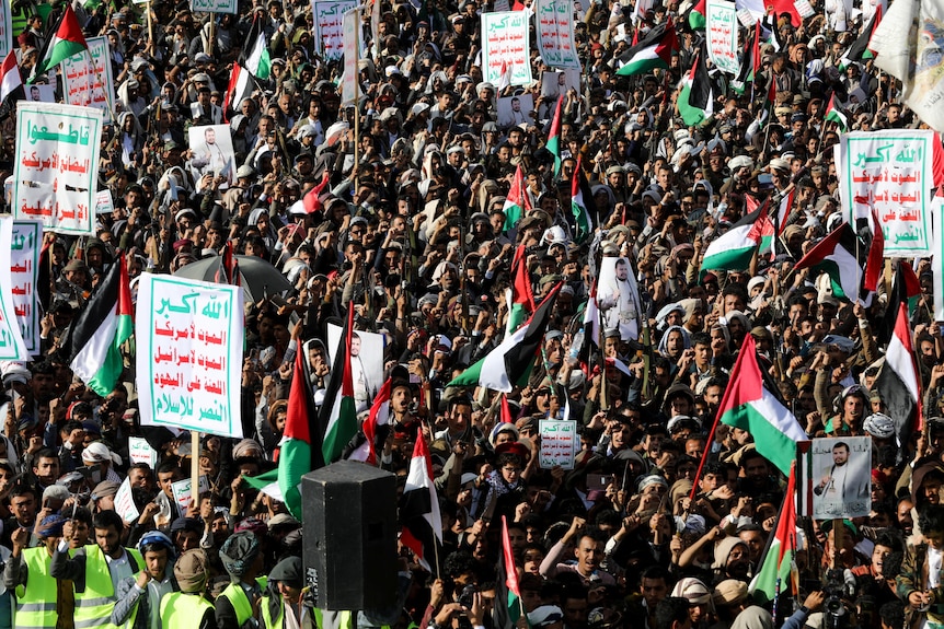 A crowd waving flags during demonstration. 
