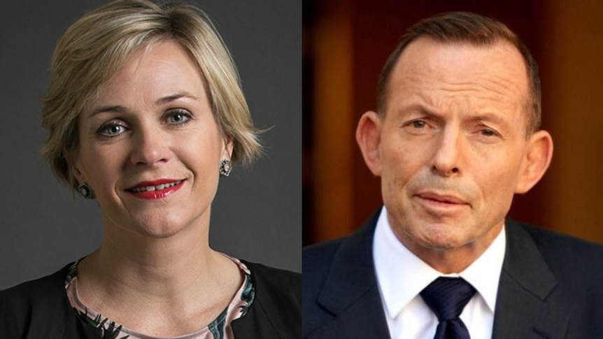 A composite image of Zali Steggall and Tony Abbott, both looking at the camera.