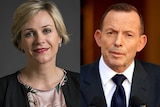 A composite image of Zali Steggall and Tony Abbott, both looking at the camera.