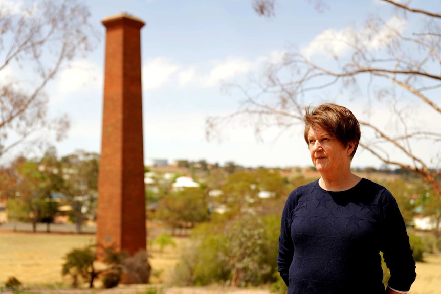 A woman stands in front of a tall, brick chimney against a backdrop of trees, grass and houses.