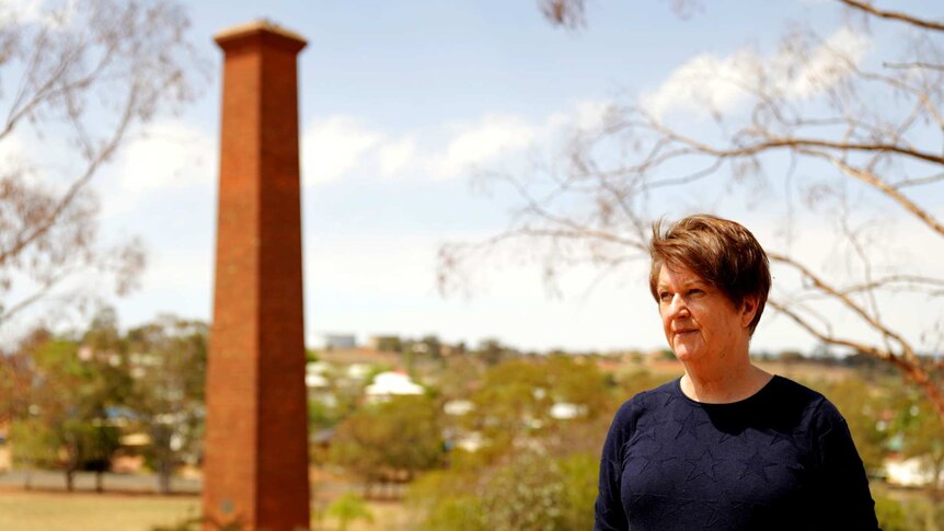 A woman stands in front of a tall, brick chimney against a backdrop of trees, grass and houses.