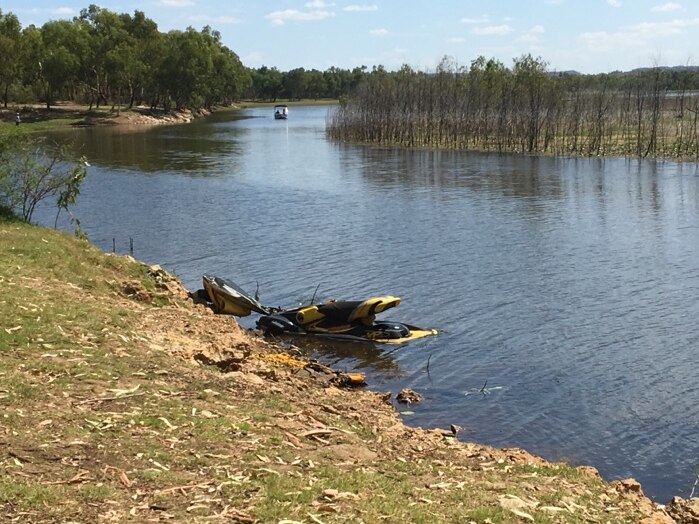 The remains of a jet ski after it crashed into the bank on Lake Moondarra, near Mount Isa