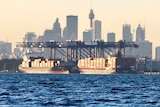 Container ships sit docked with a crane in the background and Sydney's CBD in the distance.