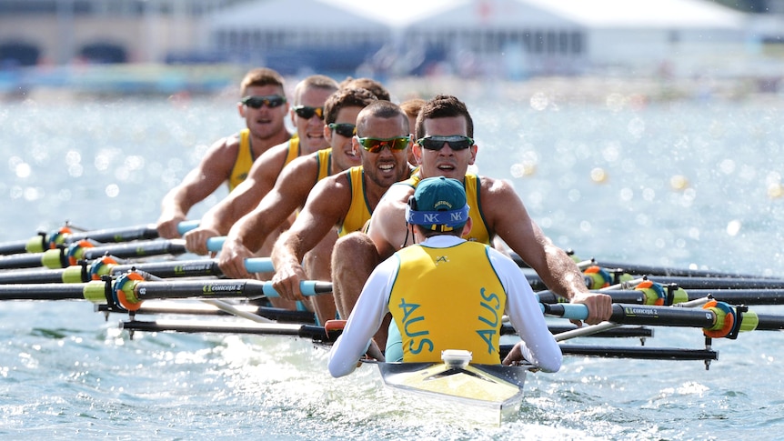 Team Australia competes in the men's eight repechage at Eton Dorney during the London Olympic Games.