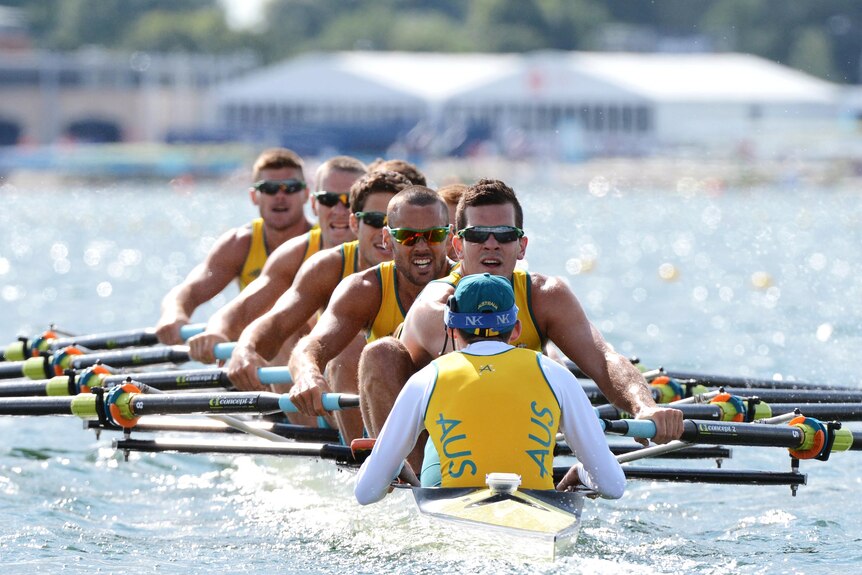 Team Australia competes in the men's eight repechage at Eton Dorney during the London Olympic Games.