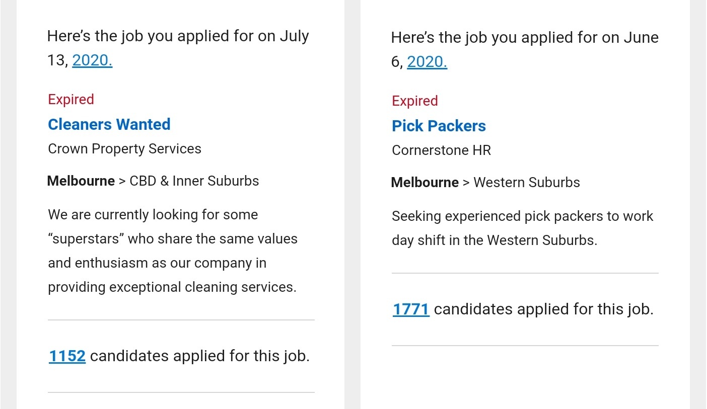 Job application confirmations showing the number of applicants