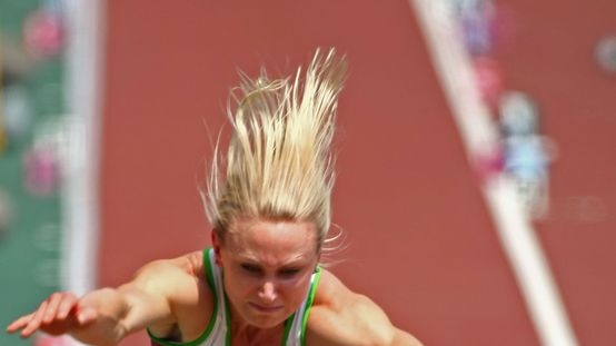 Bronwyn Thompson competes in the long jump heats in Osaka