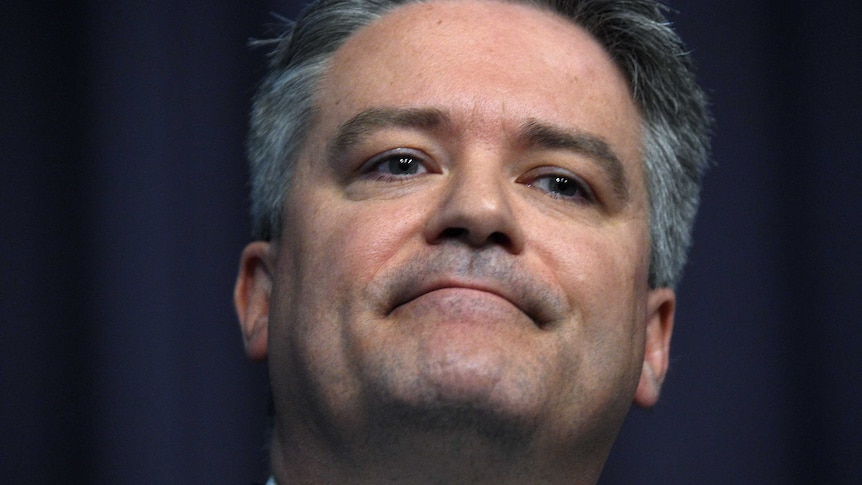 Federal Minister for Finance Mathias Cormann at a press conference at Parliament House in Canberra, Thursday, May 14.