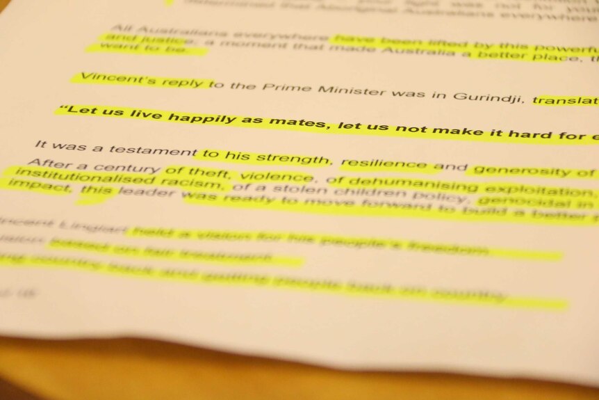 A page showing Labor Senator Pat Dodson's first speech to Parliament, with sections highlighted in yellow.