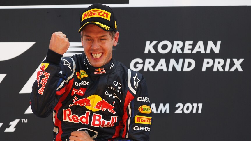Ten for Red Bull ... Sebastian Vettel celebrates on the podium after winning in Korea.