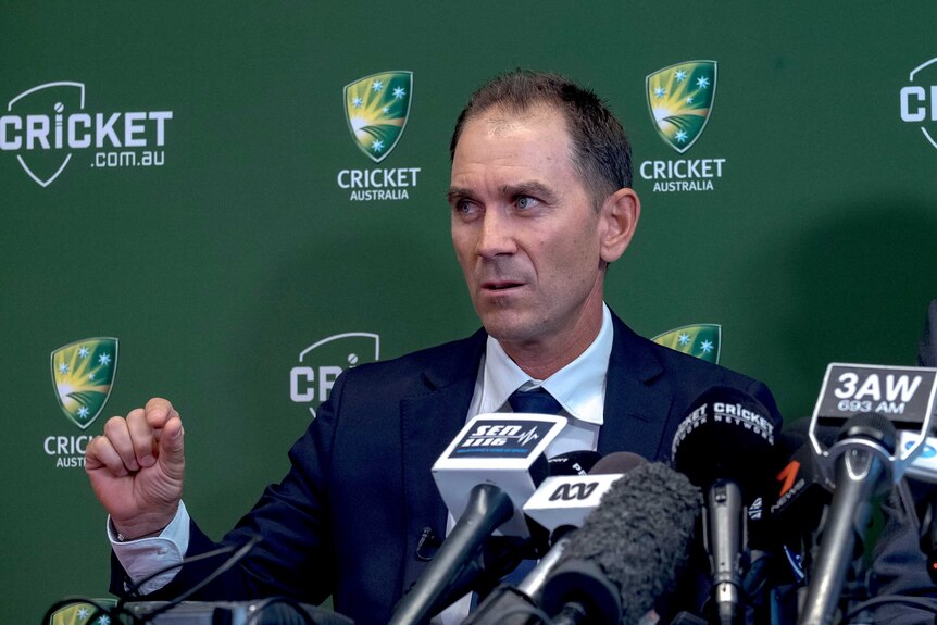 Justin Langer speaks to the media as new Australian cricket coach