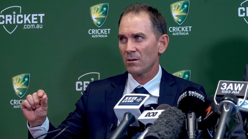 Justin Langer speaks to the media on May 3, 2018 as the new Australian men's cricket coach.