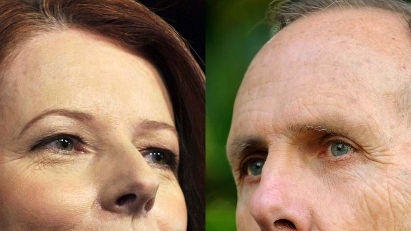 LtoR Prime Minister Julia Gillard and Greens leader Bob Brown