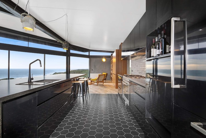 Modern kitchen overlooking ocean