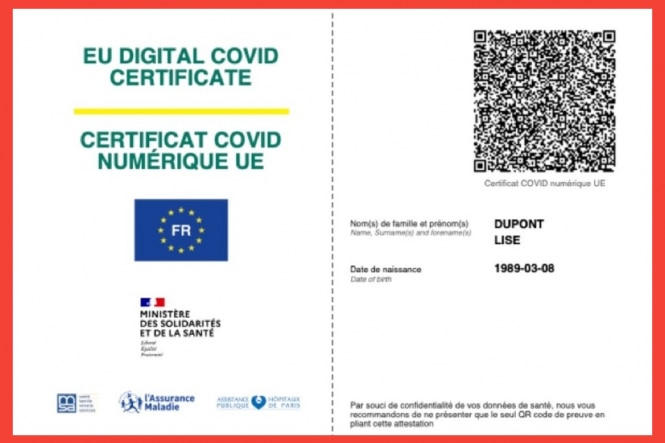 A certificate with a name, date of birth and a QR code