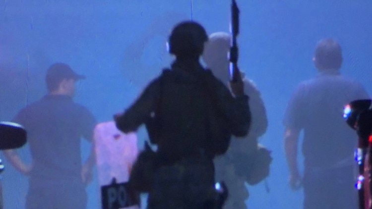 An officer in the foreground walks towards other authorities with his weapon raised.