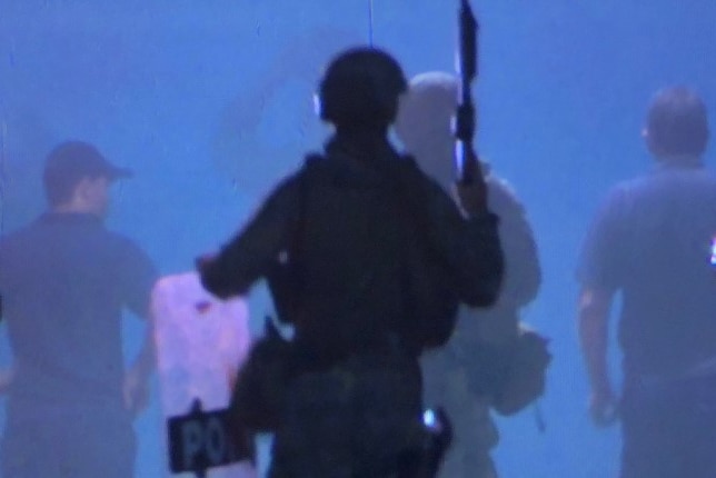 An officer in the foreground walks towards other authorities with his weapon raised.