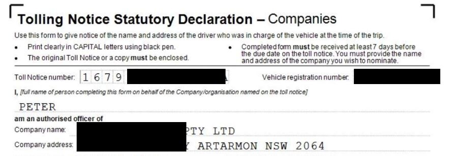 A redacted copy of one of the tolling forms which could be a security risk.