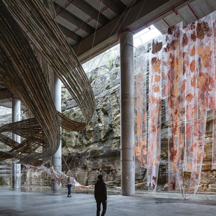 A structure of made of bamboo in the shape of a wave form and coloured fabrics each hang from the ceiling of a cavernous space
