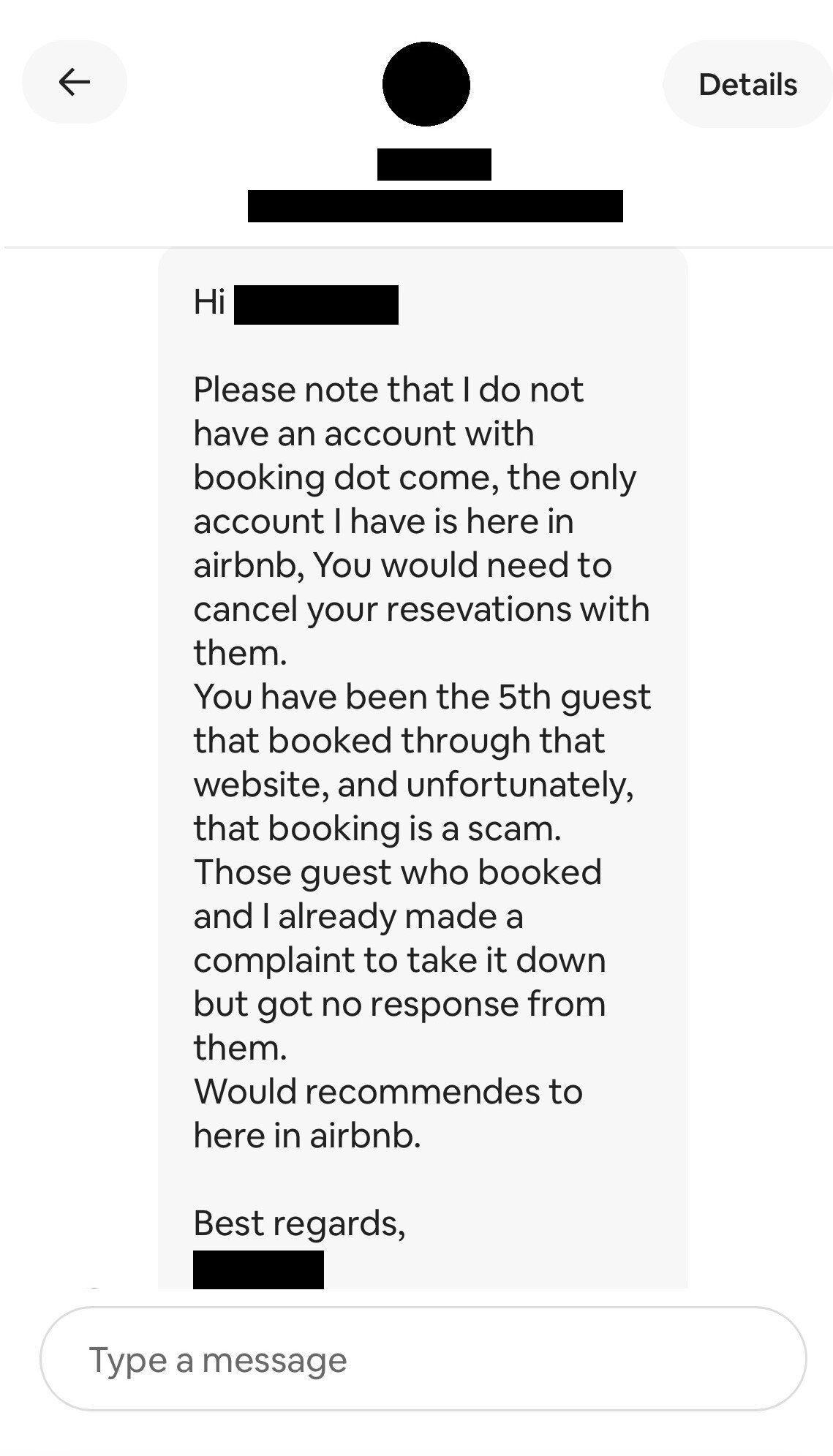 A message from an accommodation host explaining she does not list her property on booking.com. 