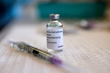 Small glass vial with label reading Astra Zeneca sits on bench next to a syringe