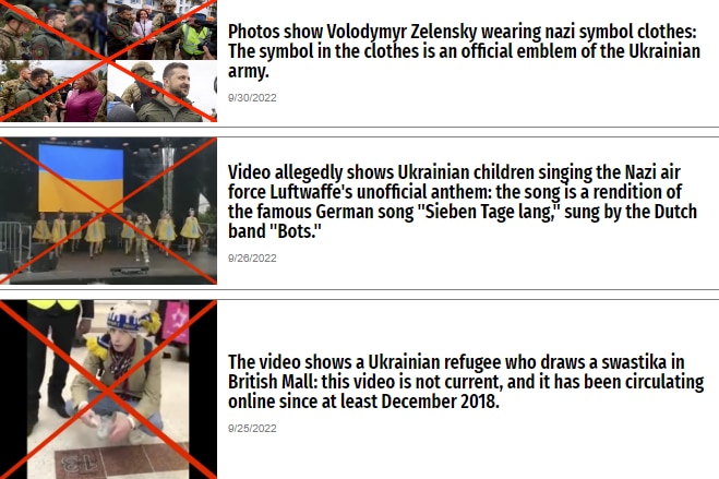 Captură de ecran din Ucraina Fapte care arată imagini false de propagandă rusă.